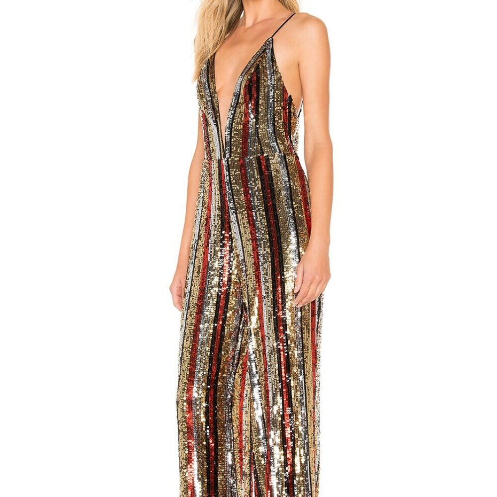 NBD Gold, Red & Black Sequin Plunge V-Neck Jumpsuit